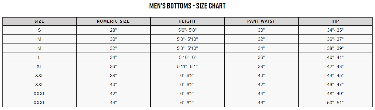 Fox men's bottoms sizing chart